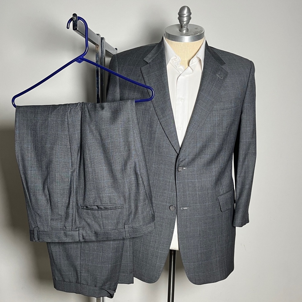 Hart‎ Schaffner Marx Suit Mens 44R 36x28 Gray Plaid Wool 2-Button Single Vent